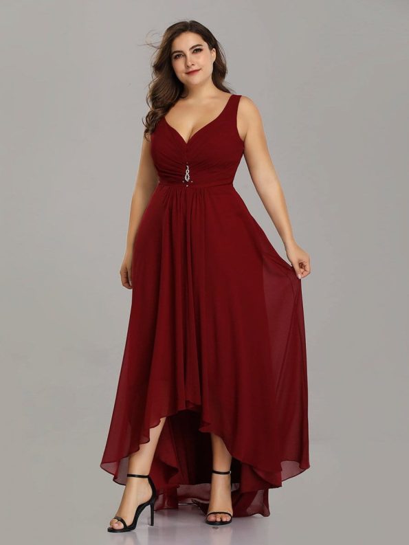 V-Neck High-Low Chiffon Evening Party Dress - Burgundy