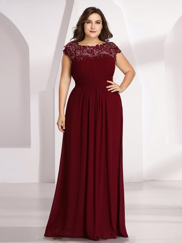 Elegant Lace Cap Sleeve Maxi Long Chiffon Bridesmaid Dress - Burgundy