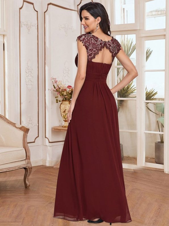 Elegant Lace Cap Sleeve Maxi Long Chiffon Bridesmaid Dress - Burgundy