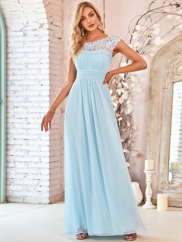 Elegant Lace Cap Sleeve Maxi Long Chiffon Bridesmaid Dress - Sky Blue