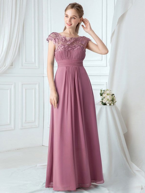 Elegant Lace Cap Sleeve Maxi Long Chiffon Bridesmaid Dress - Purple Orchid