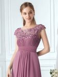 Elegant Lace Cap Sleeve Maxi Long Chiffon Bridesmaid Dress – Purple Orchid