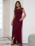 Elegant Maxi Long Lace Cap Sleeve Bridesmaid Dress – Burgundy