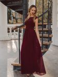 Elegant Maxi Long Lace Cap Sleeve Bridesmaid Dress – Burgundy