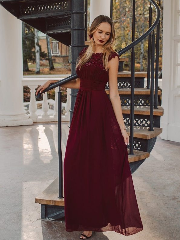 Elegant Maxi Long Lace Cap Sleeve Bridesmaid Dress - Burgundy