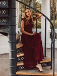 Elegant Maxi Long Lace Cap Sleeve Bridesmaid Dress – Burgundy