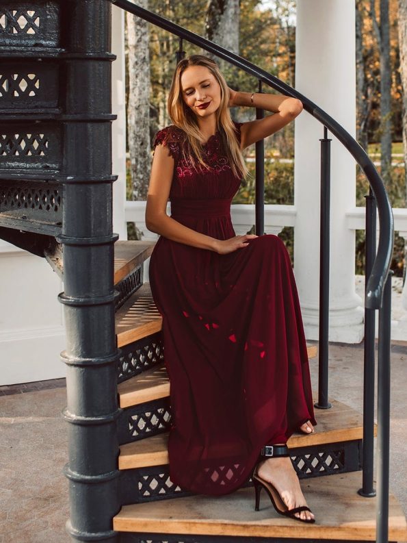 Elegant Maxi Long Lace Cap Sleeve Bridesmaid Dress - Burgundy