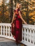 Elegant Maxi Long Lace Cap Sleeve Bridesmaid Dress – Burgundy