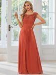 Elegant Floor-Length Lace Cap Sleeve Bridesmaid Dress – Burnt Orange