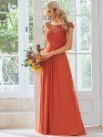 Elegant Floor-Length Lace Cap Sleeve Bridesmaid Dress – Burnt Orange