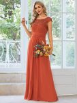 Elegant Floor-Length Lace Cap Sleeve Bridesmaid Dress – Burnt Orange