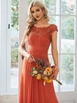 Elegant Floor-Length Lace Cap Sleeve Bridesmaid Dress – Burnt Orange