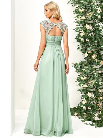 Classic Maxi Long Lace Cap Sleeve Bridesmaid Dress - Mint Green