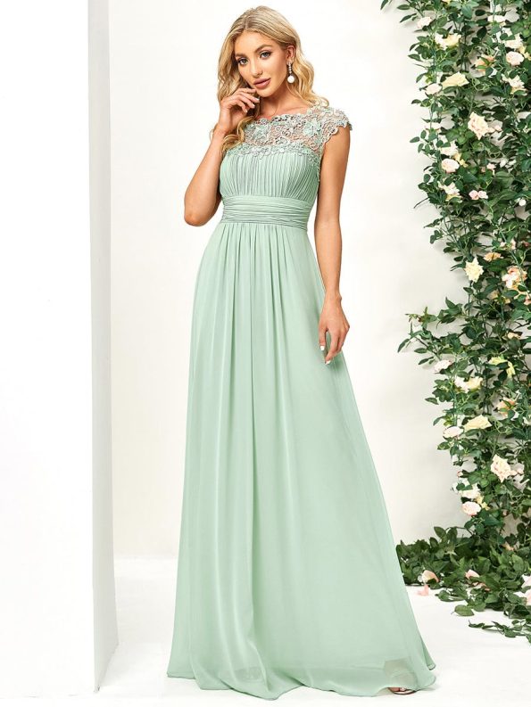 Classic Maxi Long Lace Cap Sleeve Bridesmaid Dress - Mint Green