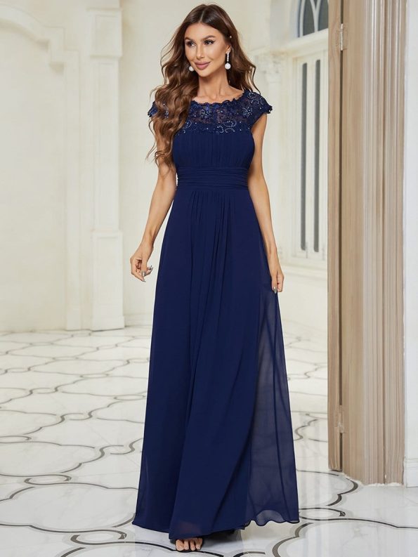 Elegant Maxi Long Lace Cap Sleeve Bridesmaid Dress - Navy Blue