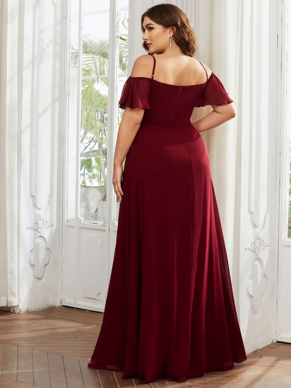 Stylish Cold Shoulder Flare Sleeves Flowy Bridesmaid Dress - Burgundy