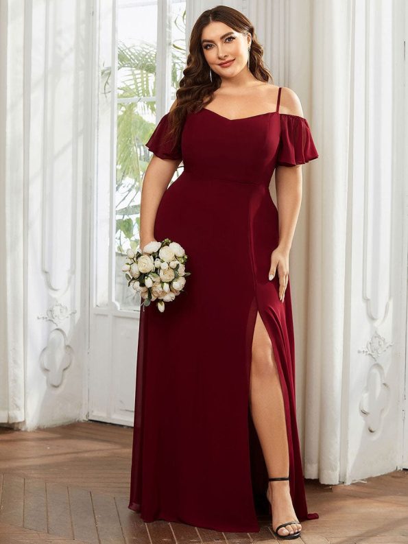 Stylish Cold Shoulder Flare Sleeves Flowy Bridesmaid Dress - Burgundy