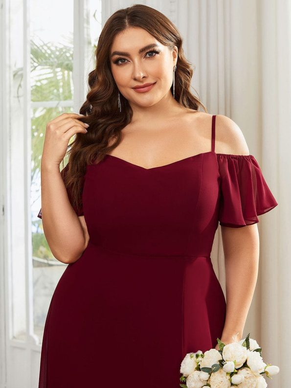 Stylish Cold Shoulder Flare Sleeves Flowy Bridesmaid Dress - Burgundy