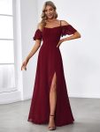 Stylish Cold Shoulder Flare Sleeves Flowy Bridesmaid Dress – Burgundy