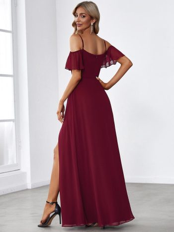 Stylish Cold Shoulder Flare Sleeves Flowy Bridesmaid Dress - Burgundy