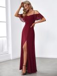 Stylish Cold Shoulder Flare Sleeves Flowy Bridesmaid Dress – Burgundy