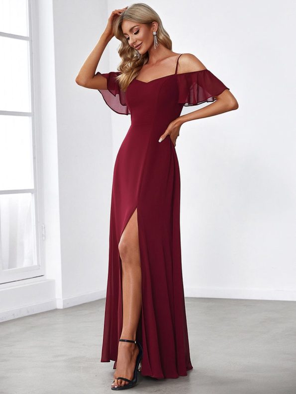 Stylish Cold Shoulder Flare Sleeves Flowy Bridesmaid Dress - Burgundy