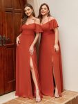 Stylish Cold Shoulder Flare Sleeves Flowy Bridesmaid Dress – Burnt Orange