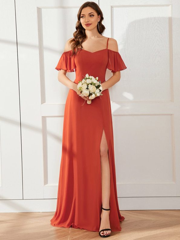 Stylish Cold Shoulder Flare Sleeves Flowy Bridesmaid Dress - Burnt Orange