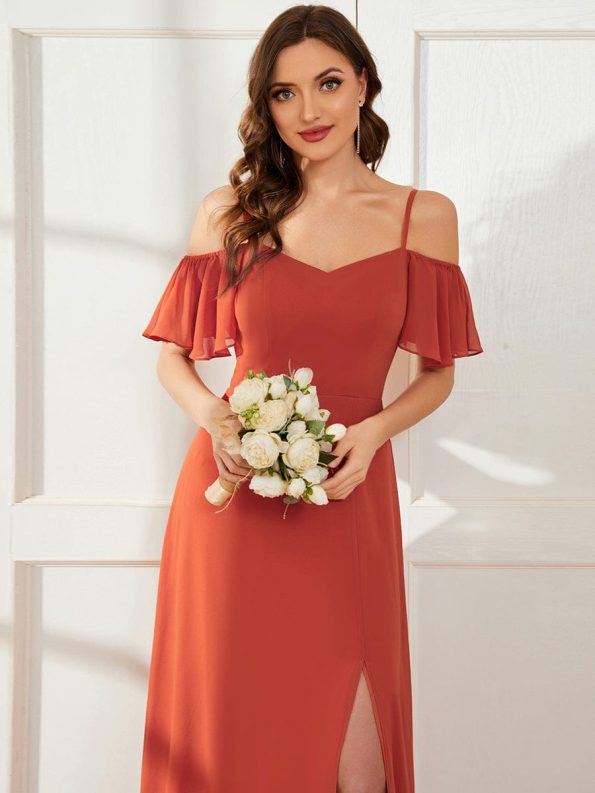 Stylish Cold Shoulder Flare Sleeves Flowy Bridesmaid Dress - Burnt Orange