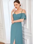 Stylish Cold Shoulder Flare Sleeves Flowy Bridesmaid Dress – Dusty Blue