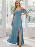 Stylish Cold Shoulder Flare Sleeves Flowy Bridesmaid Dress – Dusty Blue