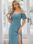 Stylish Cold Shoulder Flare Sleeves Flowy Bridesmaid Dress – Dusty Blue