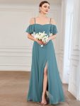 Stylish Cold Shoulder Flare Sleeves Flowy Bridesmaid Dress – Dusty Blue