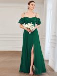 Flowy Cold Shoulder Flare Sleeves Bridesmaid Dress with Side Slit – Dark Green