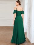 Flowy Cold Shoulder Flare Sleeves Bridesmaid Dress with Side Slit – Dark Green