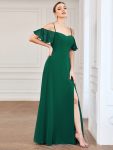 Flowy Cold Shoulder Flare Sleeves Bridesmaid Dress with Side Slit – Dark Green