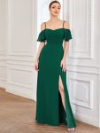 Flowy Cold Shoulder Flare Sleeves Bridesmaid Dress with Side Slit – Dark Green