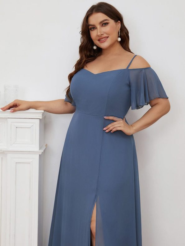 Stylish Cold Shoulder Flare Sleeves Flowy Bridesmaid Dress - Dusty Navy