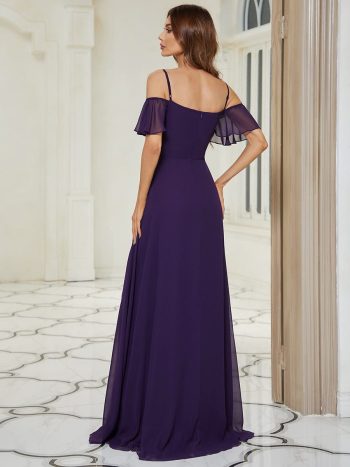 Stylish Cold Shoulder Flare Sleeves Flowy Bridesmaid Dress - Dark Purple