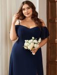 Stylish Cold Shoulder Flare Sleeves Flowy Bridesmaid Dress – Navy Blue