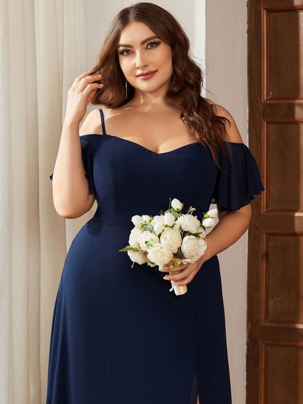 Stylish Cold Shoulder Flare Sleeves Flowy Bridesmaid Dress - Navy Blue