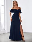 Stylish Cold Shoulder Flare Sleeves Flowy Bridesmaid Dress – Navy Blue