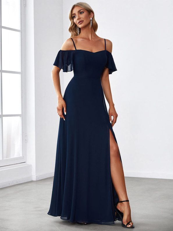 Stylish Cold Shoulder Flare Sleeves Flowy Bridesmaid Dress - Navy Blue