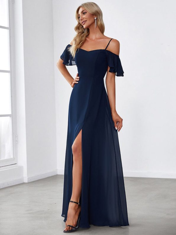 Stylish Cold Shoulder Flare Sleeves Flowy Bridesmaid Dress - Navy Blue