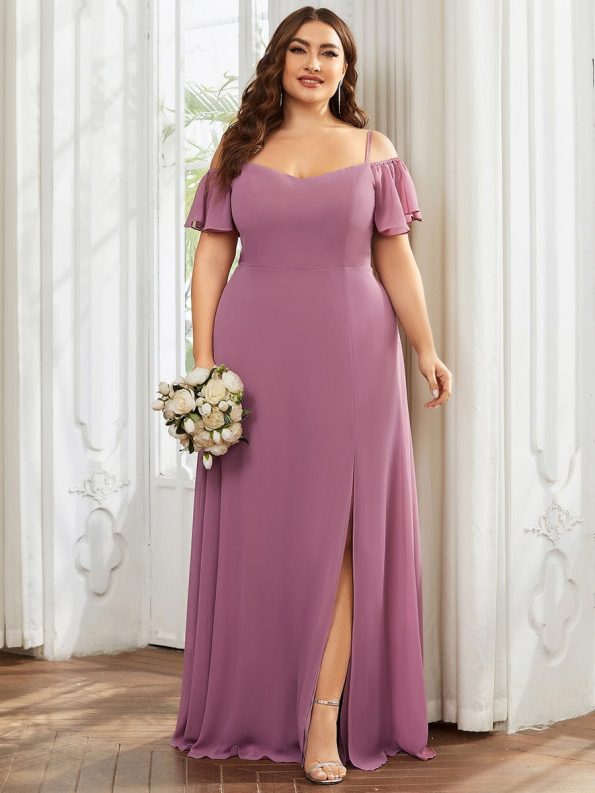 Stylish Cold Shoulder Flare Sleeves Flowy Bridesmaid Dress - Purple Orchid