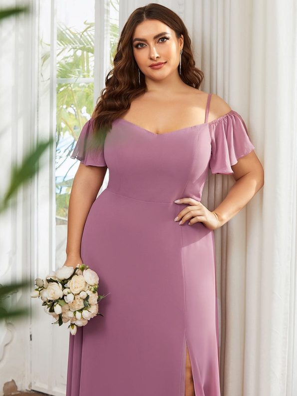 Stylish Cold Shoulder Flare Sleeves Flowy Bridesmaid Dress - Purple Orchid