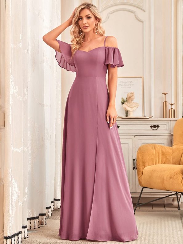 Stylish Cold Shoulder Flare Sleeves Flowy Bridesmaid Dress - Purple Orchid