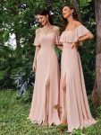 Stylish Cold Shoulder Flare Sleeves Flowy Bridesmaid Dress – Pink