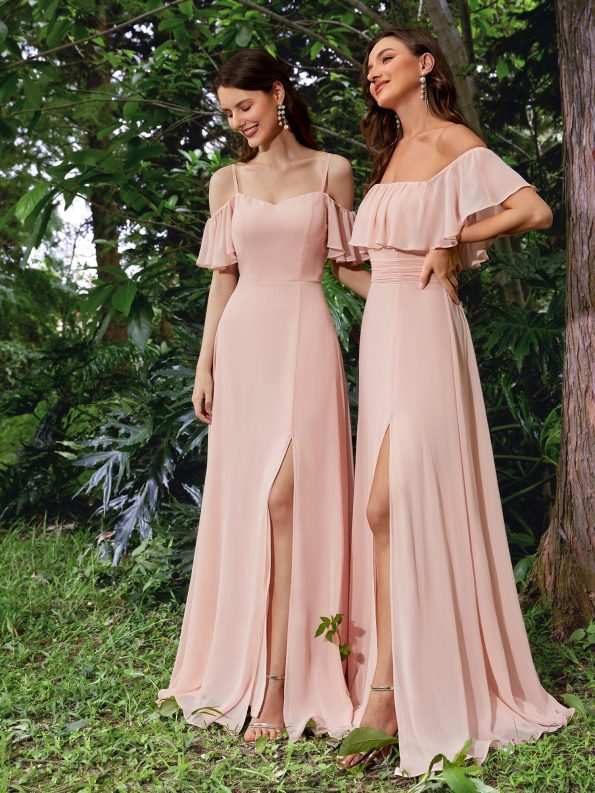 Stylish Cold Shoulder Flare Sleeves Flowy Bridesmaid Dress - Pink