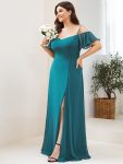 Flowy Cold Shoulder Flare Sleeves Bridesmaid Dress with Side Slit – Teal